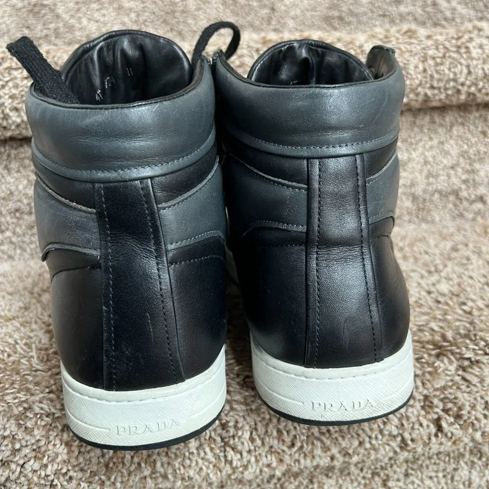 Prada Men's Black High Top Leather Trainers Sneakers - Picture 5 of 10